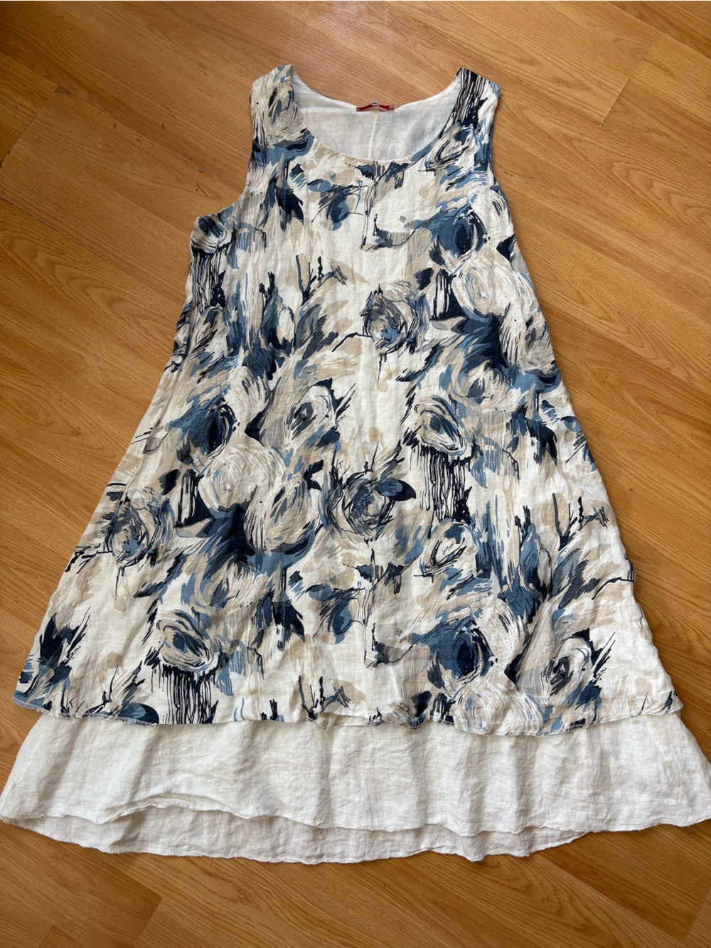 Linen-Blend Sleeveless Midi Dress Blue Cream made Italy